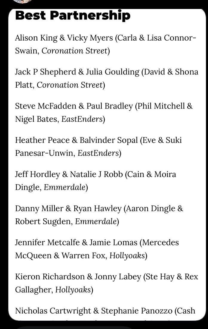 Daisy5698754470's tweet photo. Finally sterex is up for best partnership. This is the second time Kieron has been up for it with an on screen partner. Is anyone surprised about that 🤭 . #Hollyoaks #sterex https://t.co/ZPcxGqzwhE