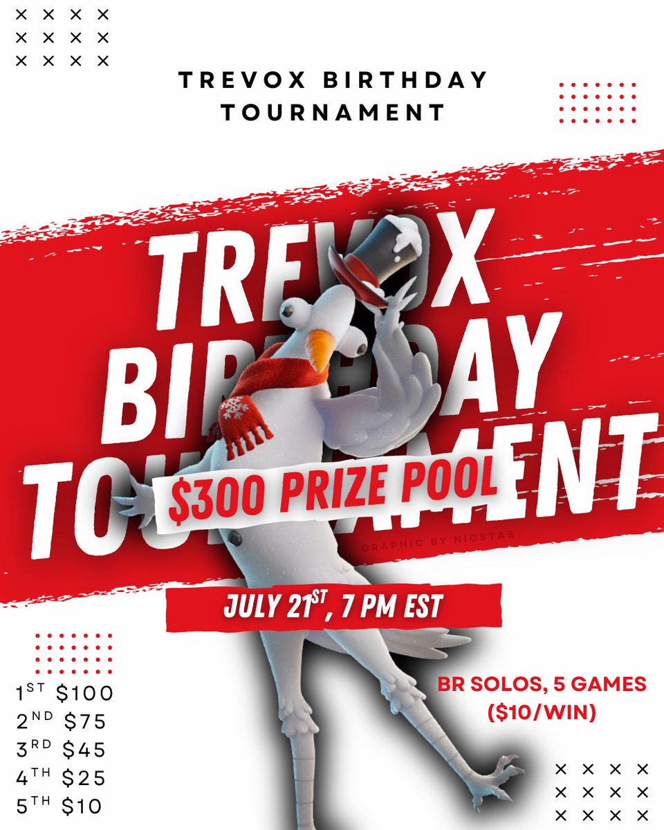 Trev0x's tweet photo. Im hosting a $300 ZB Solos fortnite tournament on July 21st at 7pm EST to celebrate my 18th birthday!
To be considered, please do the following
1. Follow @Trev0x 
2. Like and Repost
3. Reply under the post 
4. Join the server! 
Discord in Comments! Will give first spots soon! https://t.co/LjmCeAbsYq