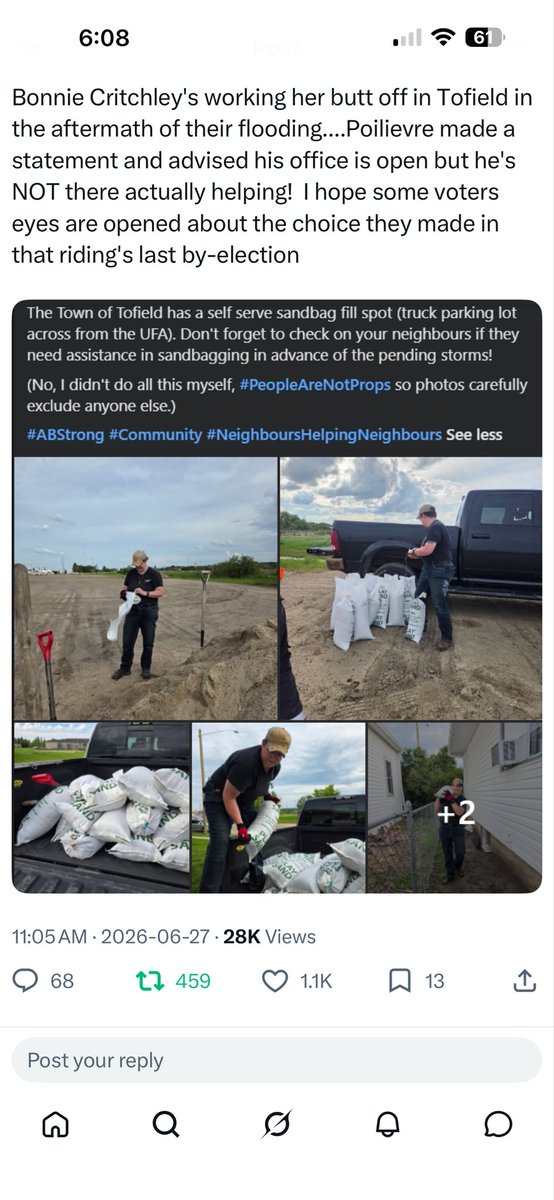 Jenniferl554563's tweet photo. Well we know why Pierre Poilievre wasn’t at Pride.  

His riding Battle River Crowfoot is severely flooding and he chose to help his riding.  

Oh wait!  That was actually Bonnie Critchley filling sandbags. The woman Battle River Crowfoot should have voted for. https://t.co/UjH2GjOa5U