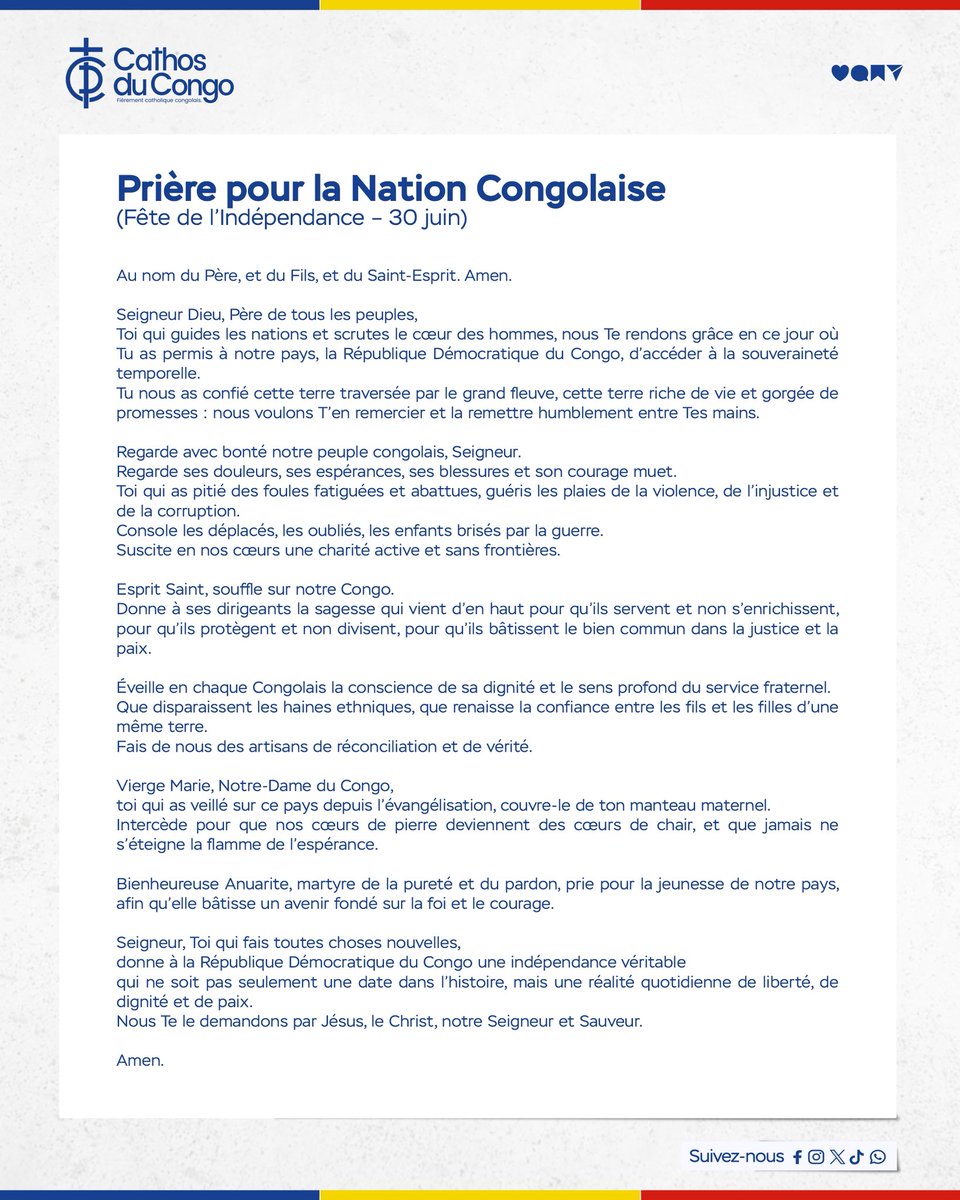 Cathosducongo's tweet photo. 30 juin – Prière pour la Nation Congolaise 🇨🇩

En ce jour de mémoire et d’indépendance, nous ne faisons pas que rappeler une date : nous élevons une Nation entière vers Dieu. 

RDC, entre les mains de Dieu.

#RDC #30Juin #PrièrePourLaNation #CathosDuCongo https://t.co/II5KxQSukp