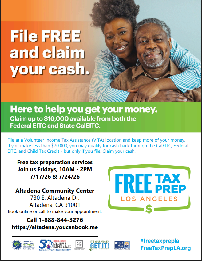 FreeTaxPrepLA's tweet photo. Need help filing your taxes?

Free tax preparation services are coming to the Altadena Community Center on two upcoming dates. See the flyer for details and schedule your appointment today.

#FTPLA #FreeTaxPrep #Altadena https://t.co/dAKFEAmzyh