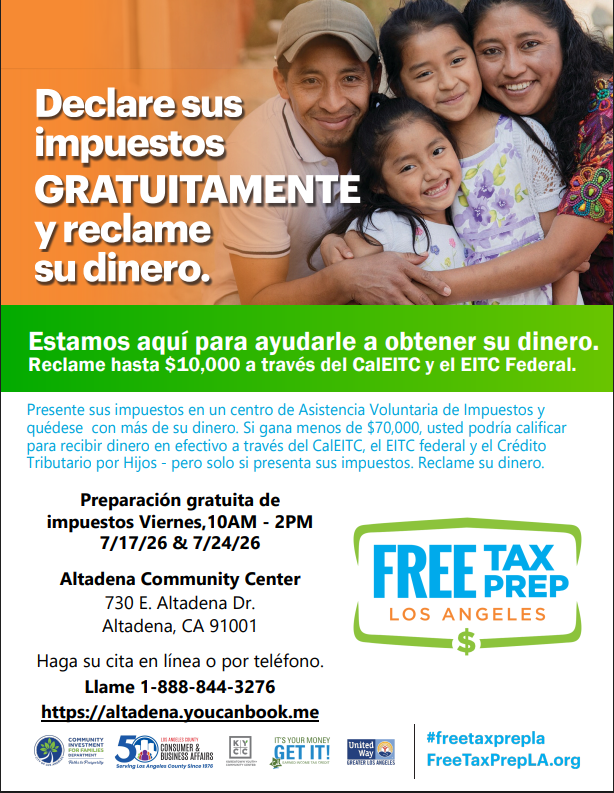 FreeTaxPrepLA's tweet photo. Need help filing your taxes?

Free tax preparation services are coming to the Altadena Community Center on two upcoming dates. See the flyer for details and schedule your appointment today.

#FTPLA #FreeTaxPrep #Altadena https://t.co/dAKFEAmzyh