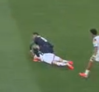 thegauguy's tweet photo. As nobody is mentioning it, can we please discuss how this wasnt even picked up by the ref or the VAR?! How is that not a red or even a foul at all? Jumped right into the back and afterwards sat on top of him.

#PARGER #GERPAR https://t.co/JTzwHCN6Nq