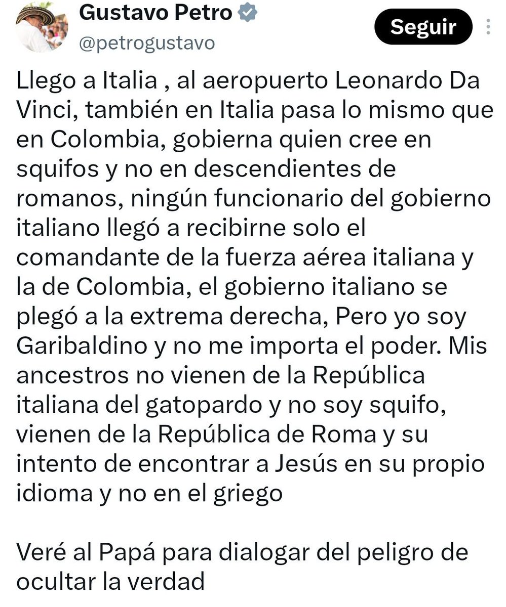 verdolaga2323's tweet photo. El emperador dolido porque no lo recibieron funcionarios italianos.
El ego en su máxima expresión.
Tuvimos 4 años él más estrafalario y singular personaje de ciencia ficción, difícil de igualar en sus mejores mentiras.
Va dónde el papa y no lo sabe escribir.
Una total vergüenza. https://t.co/fT960B92oh