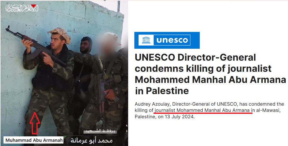 Aizenberg55's tweet photo. New talking point from those rattled by Hamas &amp; PIJ exposing many fighters posing as journalists: they weren’t really combatants, just media workers. False. Many were armed operatives. Muhammad Abu Armana is one example—removed by CPJ, yet still listed by UNESCO as a journalist. https://t.co/xAJsPiUWnK