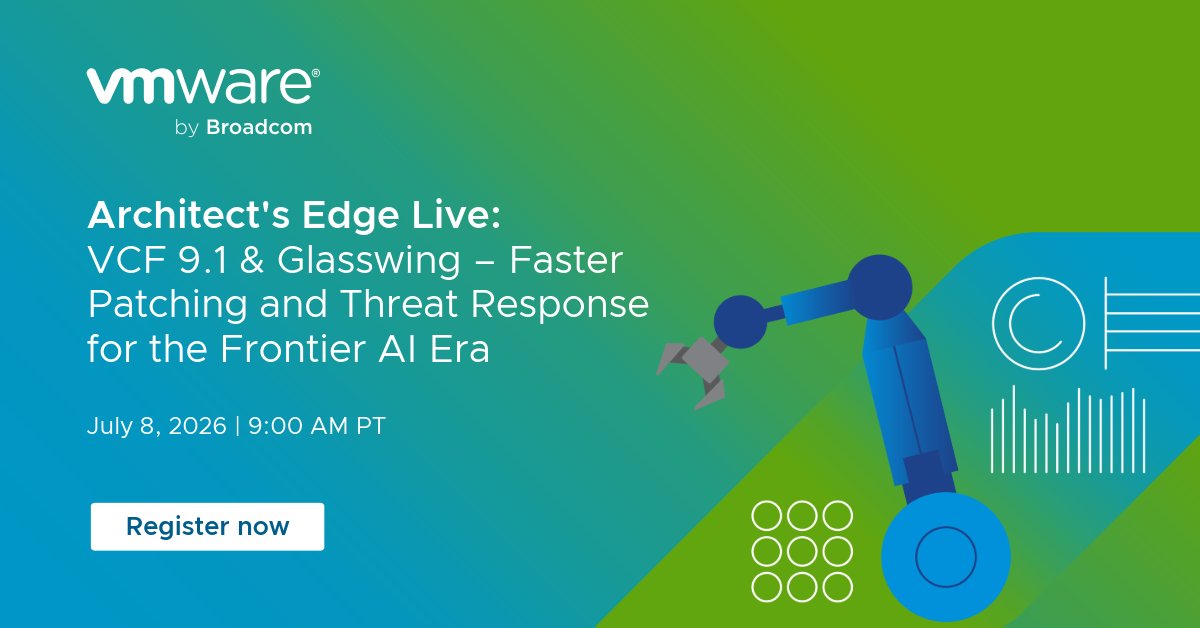 vmwarevcf's tweet photo. How do you patch faster, improve security, and simplify operations in the AI era?

Join the next Architect's Edge Live session to hear VCF experts discuss VCF 9.1, Glasswing, and modern private cloud operations.

Register: https://t.co/7JZkTE90Xr https://t.co/5BVvamrGz0
