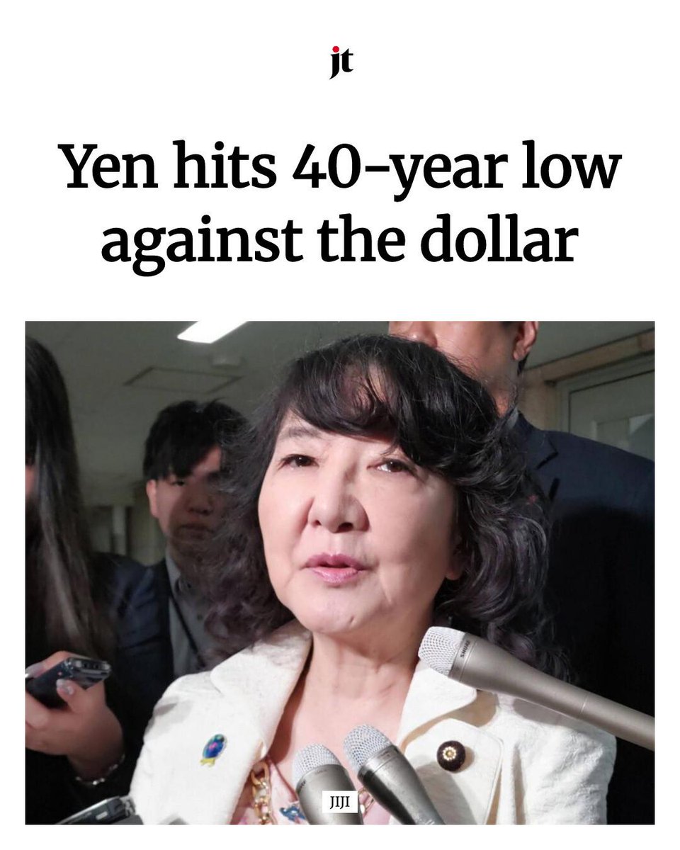 japantimes's tweet photo. The yen has hit a 40-year low against the dollar after breaking through ¥161.96 mark despite repeated verbal interventions by authorities. 👉 https://t.co/60xBVObx2m https://t.co/G0uweSR3of