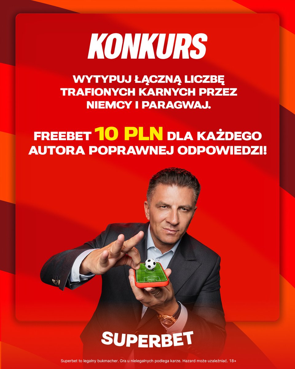 SuperbetPL's tweet photo. #KONKURS na serię jedenastek w meczu Niemcy - Paragwaj!

✅ Zaobserwuj @SuperbetPL
🔁 Podaj dalej  
⚽ Wytypuj łączną liczbę TRAFIONYCH karnych oraz podaj swój nick z Superbet 
⏰ Typujemy do gwizdka rozpoczynającego konkurs rzutów karnych.  Poprawny typ = 10 PLN freebetu #GERPAR https://t.co/mF9z1qwBNv