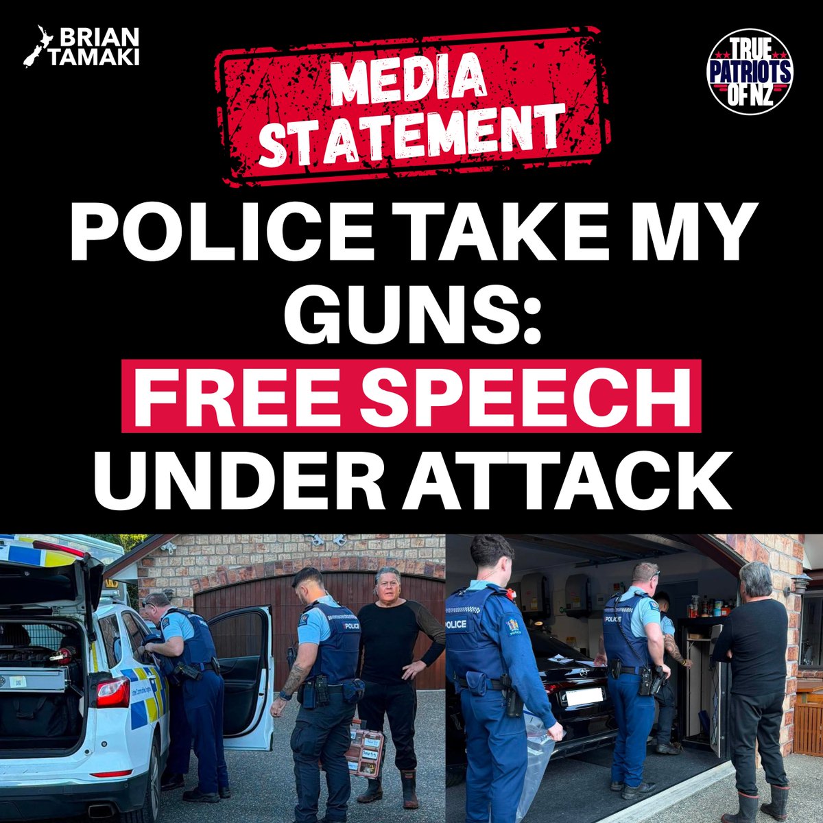 BrianTamakiNZ's tweet photo. Six Police Cars Turn Up at My Home at 8:33am to Seize My Hunting Guns – “This Is an Attack on Free Speech. Speak Up and They Come for Your Guns.”

This morning at exactly 8:33am, six police cars, the police officers, turned up at my Auckland home. They were there to tell me my gun licence has been temporarily suspended because, in their words, I am “not a fit and proper person” to hold one. They came to uplift every one of my hunting guns.

I have 28 days to make a submission. Let me be crystal clear: this is an attack on free speech. In New Zealand today, if you speak up passionately against injustice,
they send the police to take your guns.

My guns were locked in a proper gun safe. They were used only for hunting pigs and deer – nothing else. I have never committed an act of violence in my entire
life. I do not tolerate violence. Yet they still came with six cars. My wife was home. Then my granddaughter and great-grandchildren arrived. What did they
think was going to happen?

They have twisted my words from a recent podcast. I was standing up against the horrific human rights violations happening in India right now...
🔹Christians being killed
🔹Churches being burned to the ground
🔹Child brides
🔹Christian women and girls being raped

I spoke from the heart as a grandfather. When I talked about protecting my granddaughters and great-granddaughters, it was figurative – the same way any father or grandfather says he would get a shotgun to protect his daughter from the wrong kind of suitors. It was never a threat. It was a father’s natural instinct to defend his family.

I said imagine if this was happening in New Zealand – if we were burning down mosques and temples. I was making a point. I never implied I was going to do it. I was highlighting the hypocrisy of our politicians.

They let Sikhs walk around freely carrying weapons…daggers, swords, and axes as part of their religion. But my legally owned, safely stored hunting rifles are suddenly a problem? It wasn’t long ago there was a full-on sword fight inside a temple in Tauranga that hurt people. The police should have confiscated those weapons then. Where was the outrage?

When I said we should get rid of Sikhs and Hindus in this context, I meant stop them at the border and send them back if they will not assimilate. It is that simple. Shut the border to mass immigration that refuses to become New Zealanders. I had to say it strongly to force this to become a national conversation again.

New Zealand must remain New Zealand. Foreigners who come here must assimilate. They must not bring their foreign religions, customs, and ways – including kirpans, swords, and axes…their hijabs, turbans and burkas – and impose them on us. We are not India. We are NZ.

This government is doing a handshake with a human rights abuser…Modi. Why would any New Zealand government shake hands with the devil while Christians are being killed and persecuted in India? My recent comments have simply magnified the weakness of this government.

Now they are coming after my guns. Indians have got my licence revoked. So do Indians now control the New Zealand Police and our politicians? This reeks of political interference.

I am not a violent person. I have never been a violent person. They have taken my words completely out of context to silence me.

I will be making my submission within the 28 days. But let every New Zealander hear this loud and clear: when they come for your guns because you spoke the truth, it is not about safety – it is about control.

I will not be silenced. I will keep standing up for New Zealand, for our Christian heritage, for our borders, and for the right to speak without fear of the state coming to your door with six police cars.

New Zealanders, wake up. You could be next.