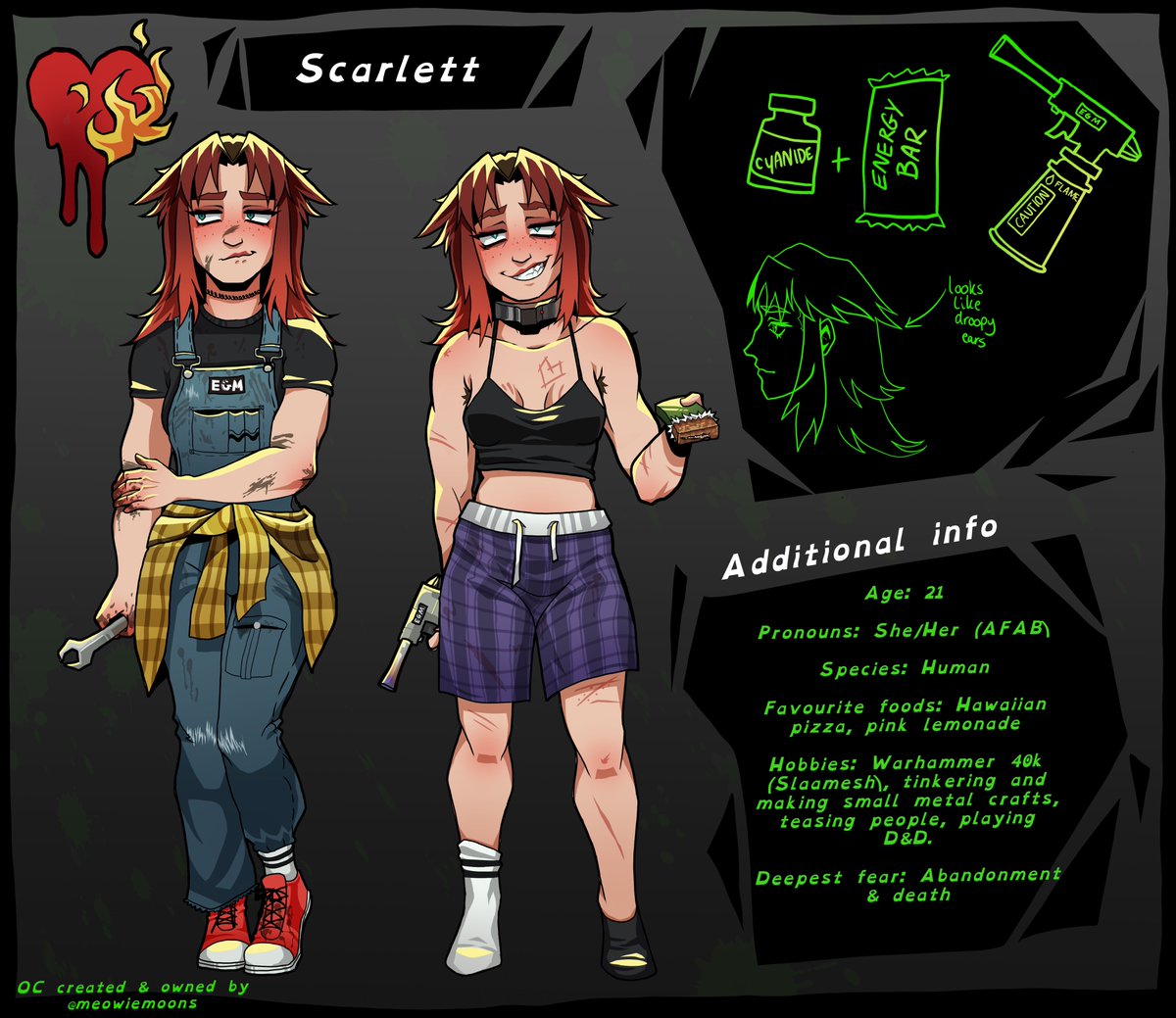 meowiemoons's tweet photo. ❤️‍🔥 Scarlett ~ My YKMET oc! ⌆
She's quite the troublemaker in Strade's basement~... 
💚How would your OC's interact with her ? :O
#ykmetoc #youkillmeeverytime #stradeykmet #artfight #boyfriendtodeath #gatobob 
ꉂ(˵˃ ᗜ ˂˵) https://t.co/tICA7DlKWL