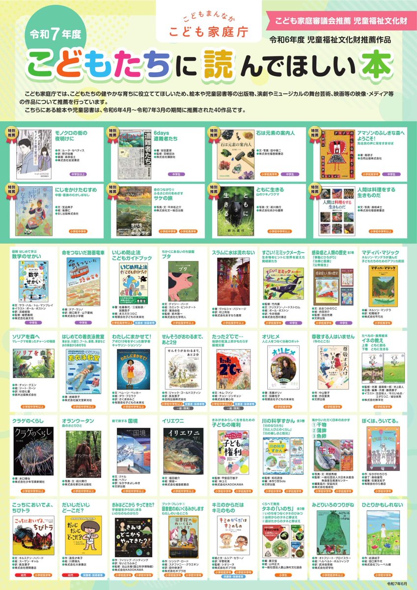 shonen_pr's tweet photo. 📚展示会情報📚
こどもたちに読んでほしい本
―令和6・7年度 児童福祉文化財推薦作品―

✅7月14日（火）～8月30日（日）
✅国際子ども図書館 レンガ棟3階 本のミュージアム

こども家庭庁こども家庭審議会が推薦した
絵本や児童書77作品を
ご覧いただけます
https://t.co/qaNw58pOZt https://t.co/1TqjS0RMnx