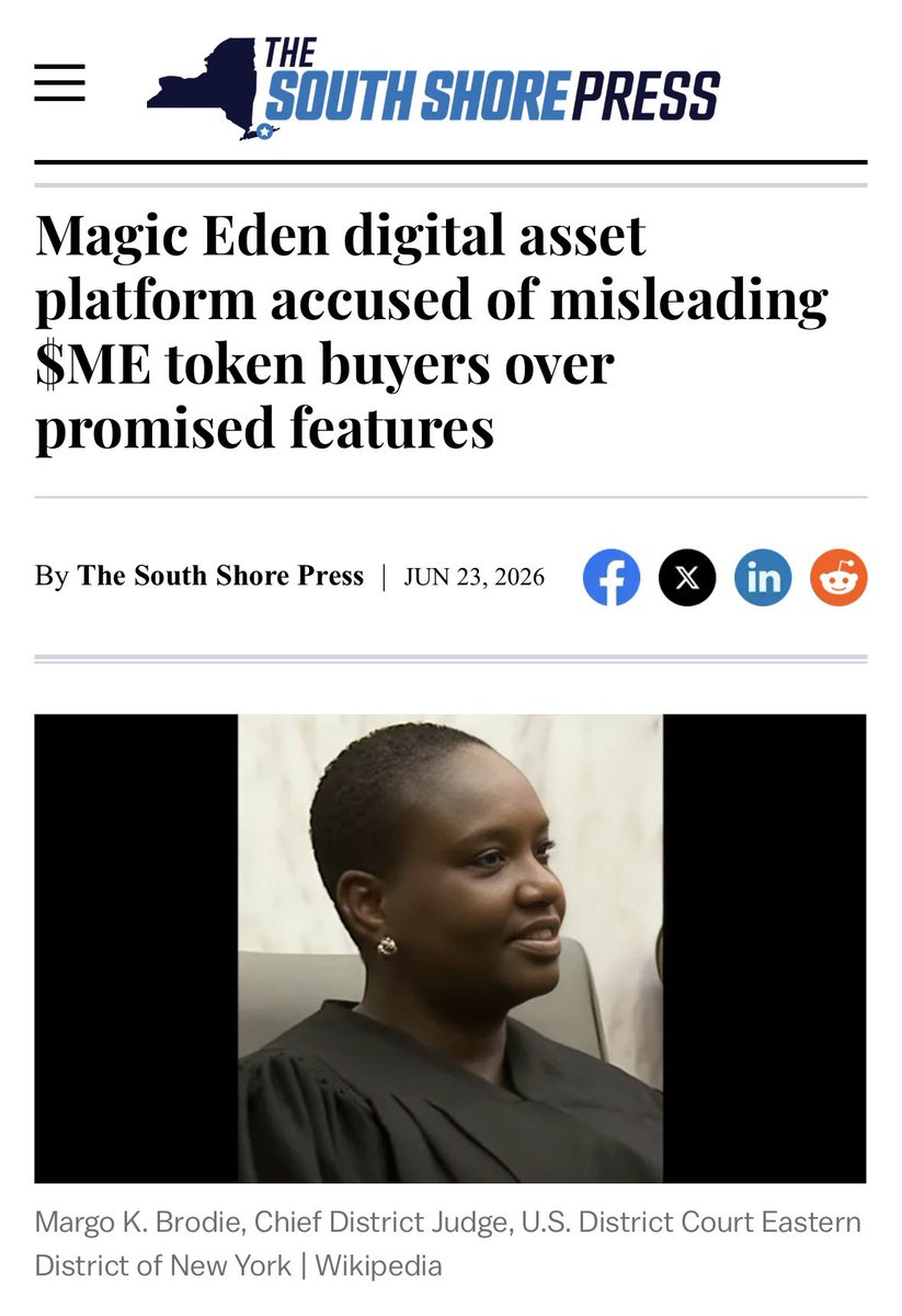 zubic_eth's tweet photo. Magic Eden is being sued over allegations that it misled buyers of its $ME token.

Plaintiffs claim the marketplace promised features like multi-chain support, governance, staking rewards, revenue sharing, and token buybacks to drive demand, but many of those features were either delayed, changed, or never delivered.

The lawsuit seeks damages on behalf of anyone who purchased $ME, alleging buyers overpaid based on promises that weren’t fulfilled.
