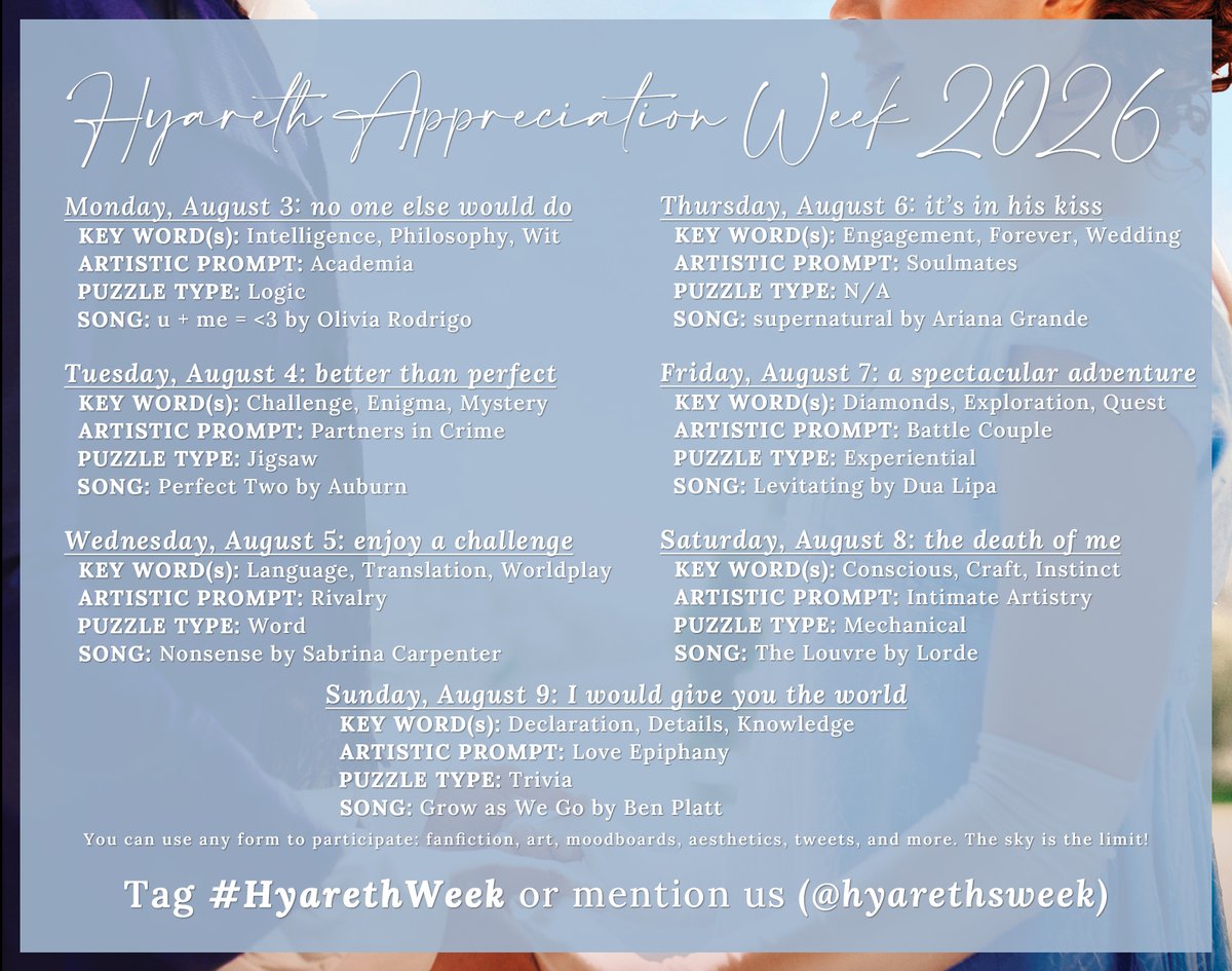 hyarethsweek's tweet photo. Get ready because here are the themes for #HyarethWeek 2026! (August 3 - 9)

Each theme is a direct quote from the book. You may interpret it as you like, but key words, artistic prompts, puzzles, and songs are included for additional inspiration if needed!

#Bridgerton #Hyareth https://t.co/003zNjqlnd