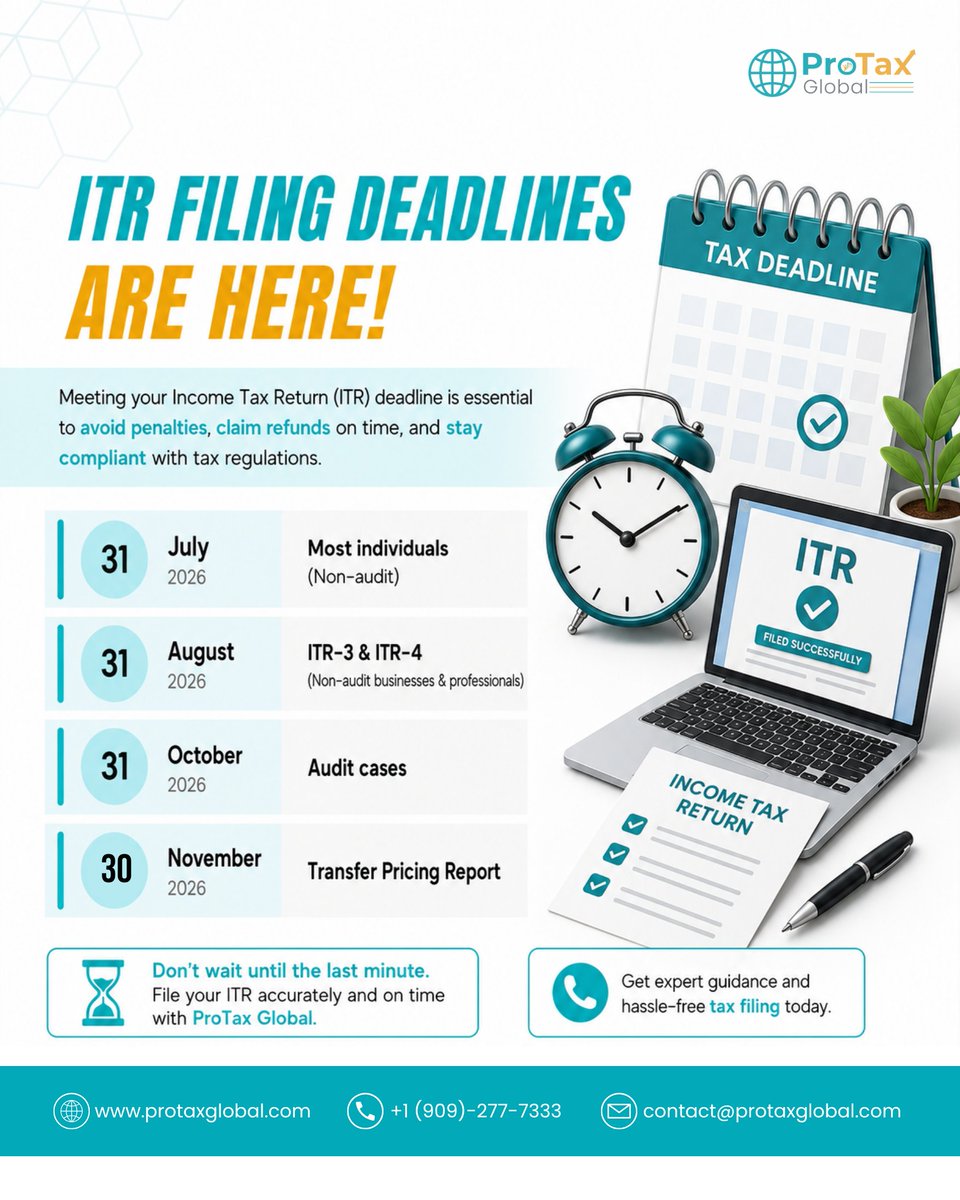 ProtaxGlobal's tweet photo. ⏰ Don't miss your ITR deadline! 
File early, avoid penalties, and stay compliant with ProTax Global.💼

#ITR2026 #TaxReturn #ProTaxGlobal #TaxPlanning #ITR https://t.co/hoEDuOqgKq