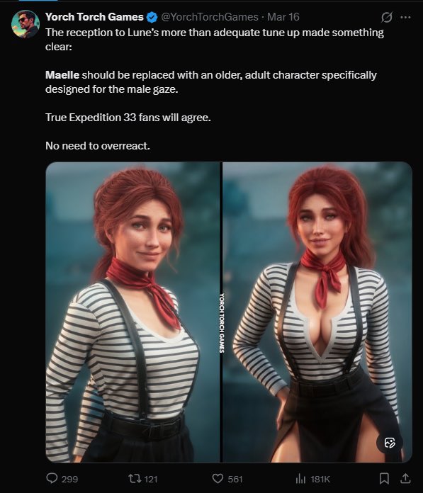 Andy_H986's tweet photo. @Pagan_GMR You know what’s funny? A certain someone has been crying and whining this whole time about Evie and how she looks too young… meanwhile he posted this about Maelle, a 16 year old, and her design. https://t.co/VAaT3fZ62X