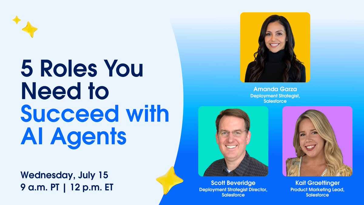 asksalesforce's tweet photo. Don't Miss Out: 5 Roles to Succeed with AI Agents

AI agents are reshaping work, but success lies in your people.

Join Salesforce experts on July 15th to discover 5 critical roles and a practical framework for a human + agent workforce. Register today!

https://t.co/CU7aCk4heL https://t.co/5MuoNWm5dp