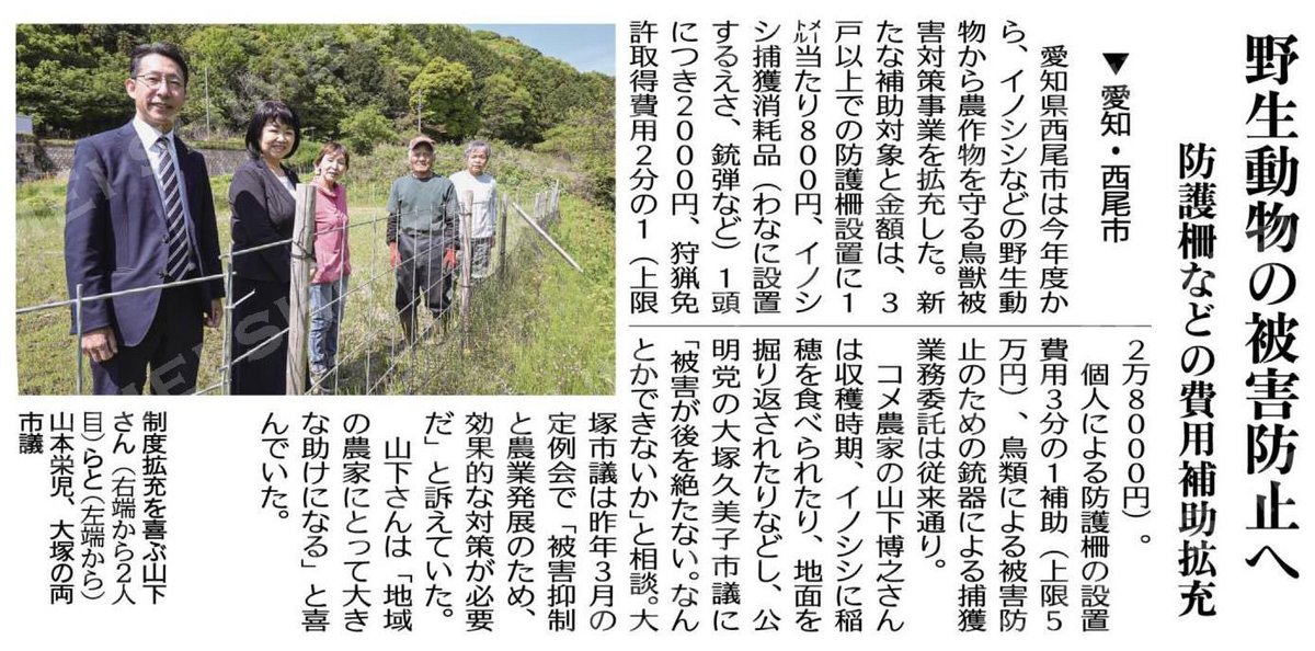 oh2kaq3ko's tweet photo. 6月29日付け公明新聞に掲載していただきました。
イノシシの被害のご相談を東幡豆の方々からいただき、令和7年3月定例会で被害の現場と補助の拡充を訴えました。
たくさんの方から喜びの声が上がっています。
　#西尾市　#イノシシ https://t.co/H3PLl7JAq3