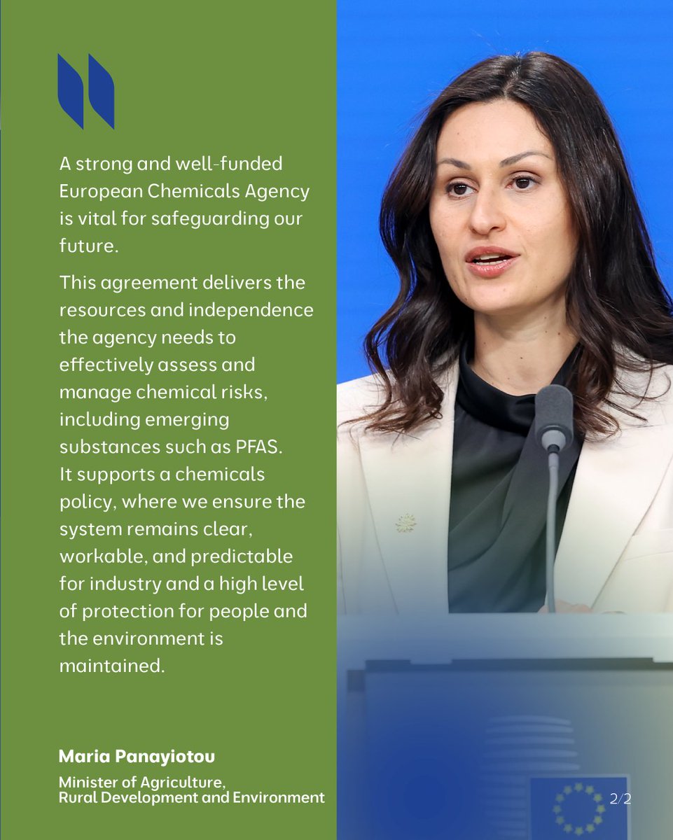 CyprusinEU's tweet photo. 📌 DEAL

🧪 The @EUCouncil and the @Europarl_EN reached a provisional agreement to strengthen ECHA by improving its governance and funding.

The new rules will help the agency better assess and manage chemical risks, protect people's health and the environment, and support a more effective EU chemicals framework.