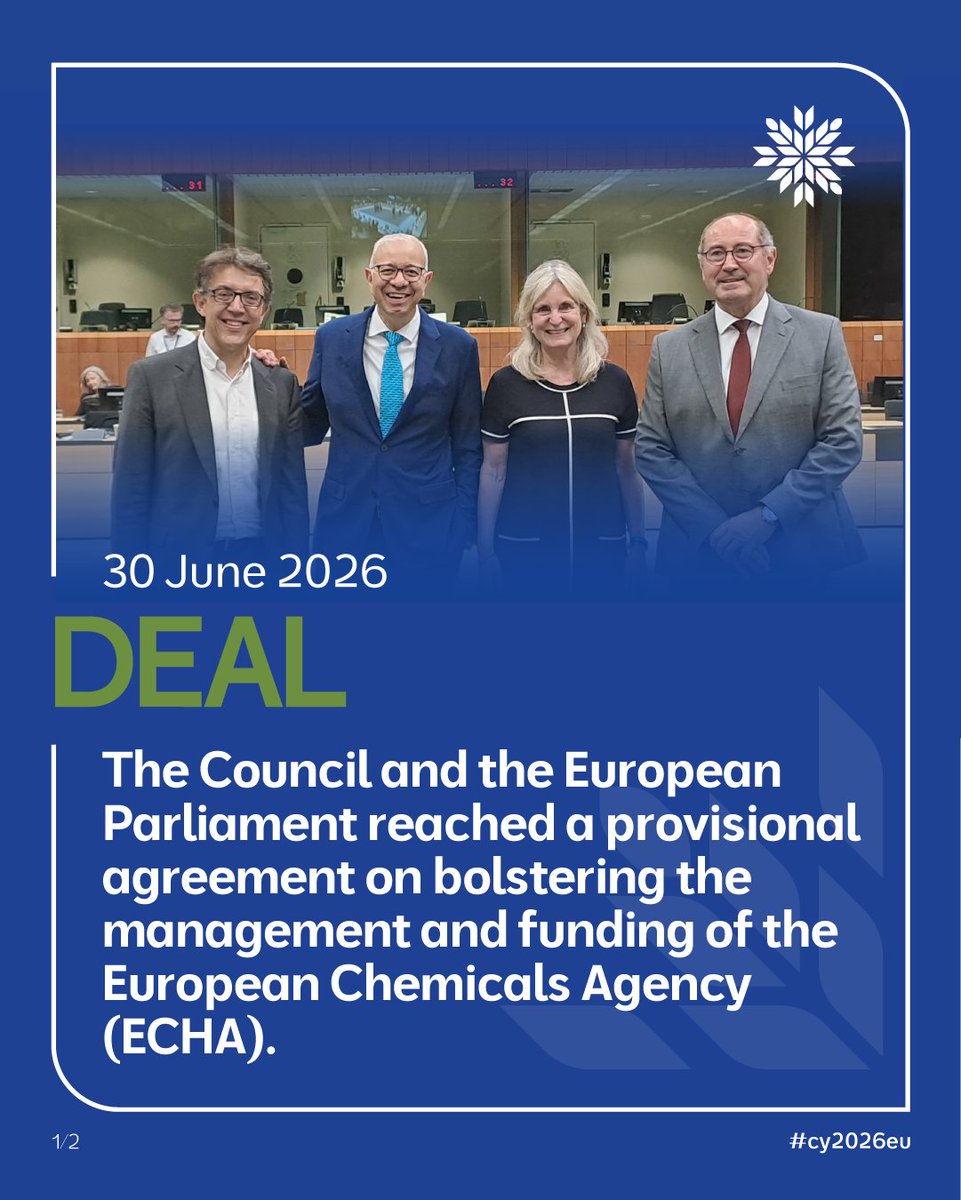 CyprusinEU's tweet photo. 📌 DEAL

🧪 The @EUCouncil and the @Europarl_EN reached a provisional agreement to strengthen ECHA by improving its governance and funding.

The new rules will help the agency better assess and manage chemical risks, protect people's health and the environment, and support a more effective EU chemicals framework.