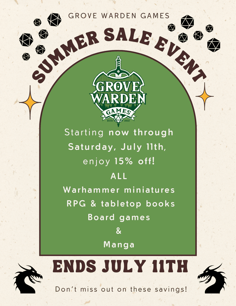 GWardenGames's tweet photo. To celebrate being halfway through 2026, we're running a 15% off Summer sale starting today through July 11th on:

Warhammer miniatures
RPG &amp; tabletop books
Board games
Manga

Discount is applied at checkout - sticker prices won't reflect the sale. Come check it out! https://t.co/XpDKaPBfMs