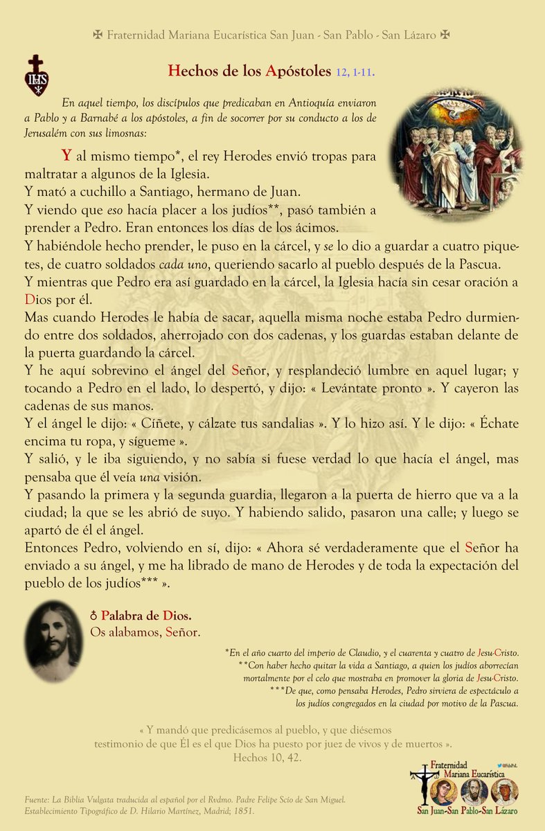 FsJsPsL's tweet photo. ✞ Los Hechos de los Apóstoles:
« Y al mismo tiempo, el rey Herodes envió tropas para maltratar a algunos de la iglesia. Y mató a cuchillo à Santiago, hermano de Juan. Y viendo que eso hacía placer a los judíos, pasó también a prender a Pedro ». https://t.co/DePio6SkEX