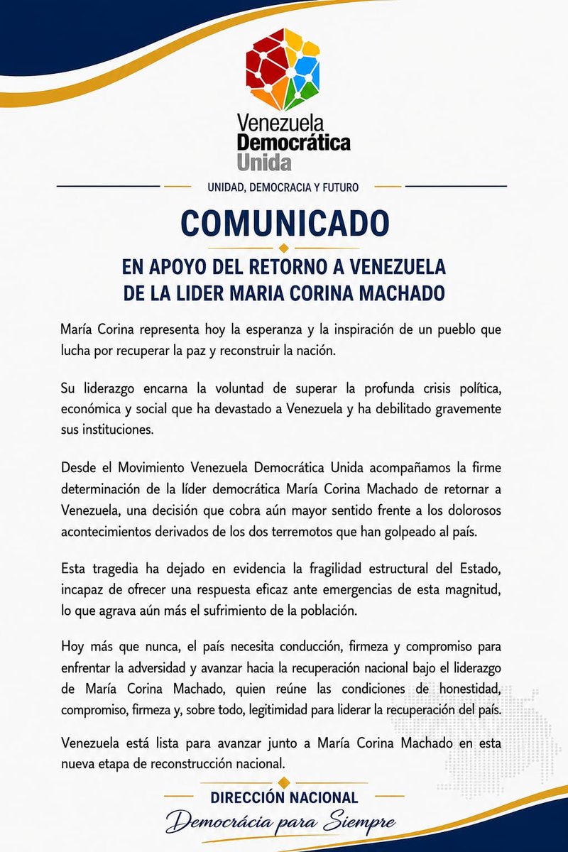 Jufraga12's tweet photo. Desde el Movimiento Venezuela Democrática Unida, sostenemos que la líder democrática y Premio Nobel de la Paz, @MariaCorinaYA , debe retornar a Venezuela.

Impedirle su ingreso no tiene sentido político ni moral; además, constituye una acción que contradice la voluntad del pueblo venezolano.

El país atraviesa hoy una tragedia tras otra, y merece el esfuerzo de todos para reconstruirse con unidad, dignidad y compromiso nacional.

@carlosblancog @POTUS @SecRubio @MarioDB @MaElviraSalazar @nytimes @el_pais