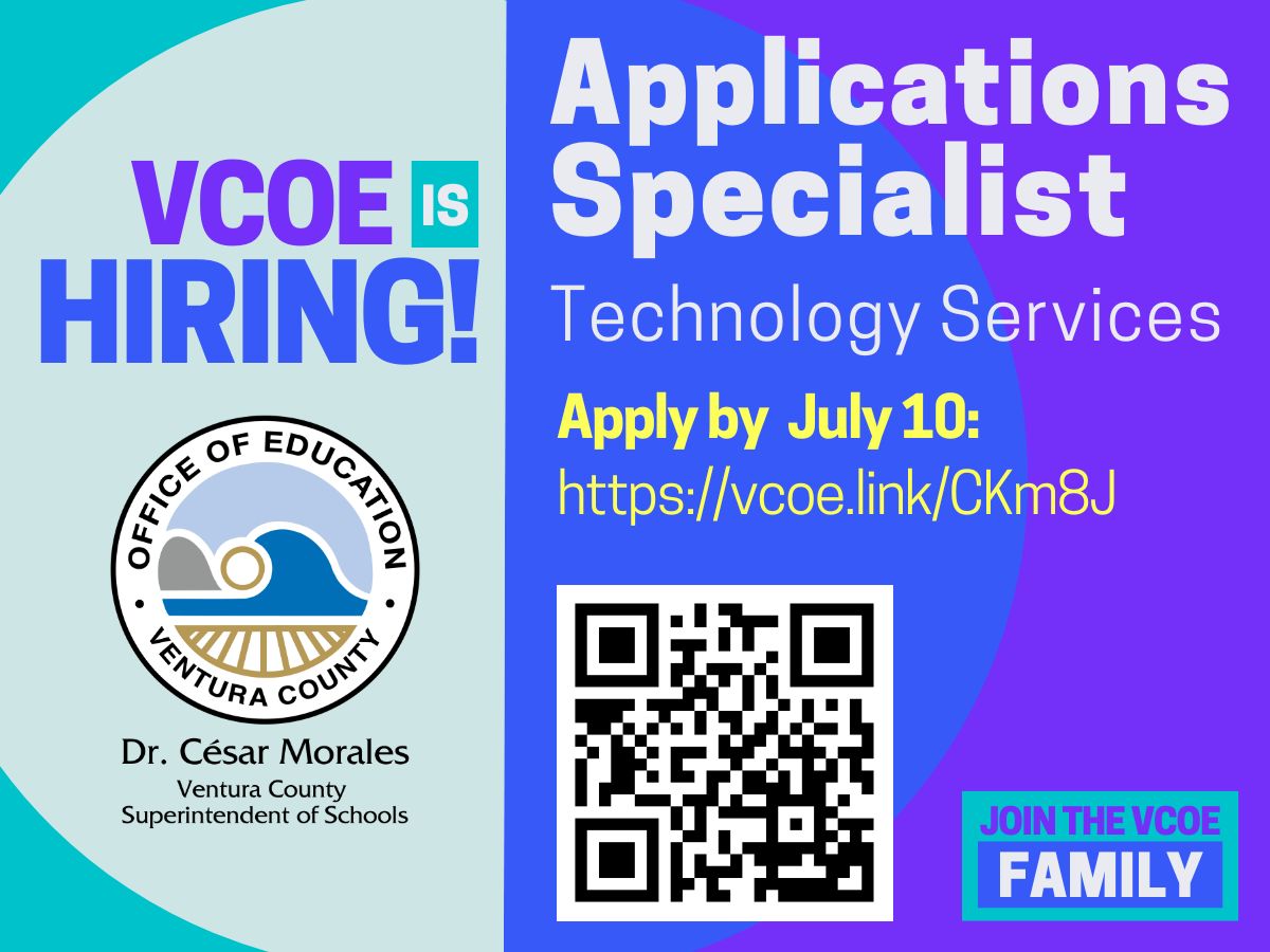 VenturaCOE's tweet photo. The Ventura County Office of Education is hiring for an Applications Specialist in our Technology Service department. Apply by July 10 at: https://t.co/84z5PmSoeH https://t.co/lXetC2Mt4s
