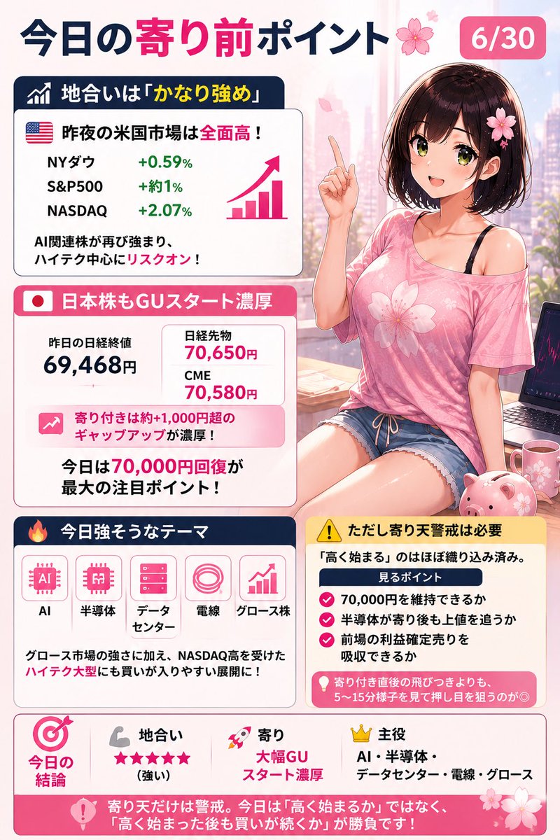 kabuko0429's tweet photo. 6/30寄り前ポイント🌸

おはようございます✨

今日はGUスタート濃厚📈

米国市場は全面高となり、日本株も70,000円回復に期待！

ただし、寄り天には警戒⚠️

寄り付き直後の値動きを見ながら、押し目を狙いたい一日です🌸

#日本株 #日経平均 #投資初心者 #株式投資 #かぶ子 https://t.co/H6zAu5HgUv
