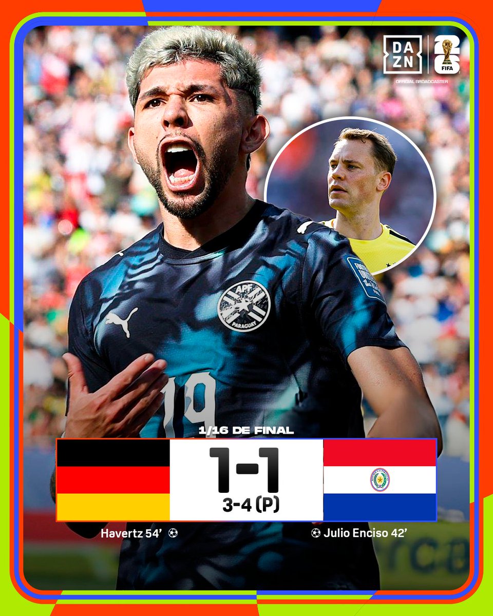 DAZNFutbol's tweet photo. ¡ALEMANIA ESTÁ FUERA DEL MUNDIAL!😱😱

Los tetracampeones del mundo cayeron en la tanda de penaltis ante una increíble Paraguay🇵🇾

#DAZNMundial #FIFAWorldCup https://t.co/FV8qrVC2Kg
