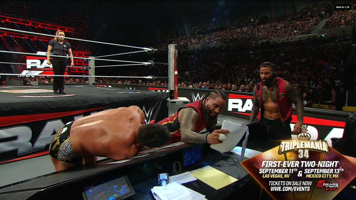 SanchoWest's tweet photo. Jimmy Uso wild. He picked up Corey's "script" and said "it says to beat his ass one more time."

LMAOOOOOo

#WWERaw https://t.co/nTb0tz2g95