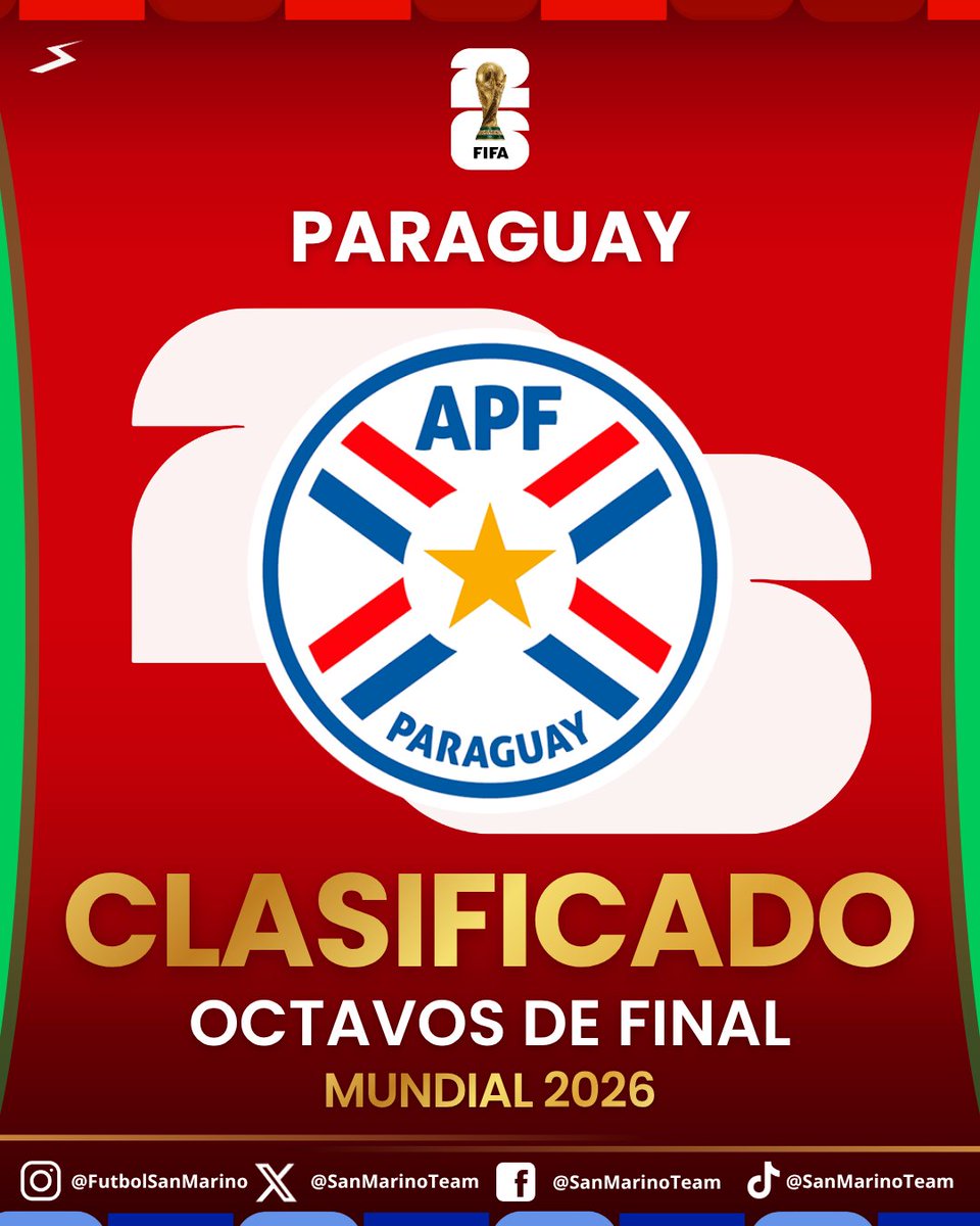SanMarinoTeam's tweet photo. PARAGUAY ELIMINÓ A ALEMANIA Y AVANZÓ A LOS OCTAVOS DE FINAL DEL MUNDIAL 2026. 🏆🇵🇾

EL MEJOR TRIUNFO DE LA HISTORIA DEL PAÍS, UNA LOCURA LO QUE ACABAN DE HACER LOS PARAGUAYOS. 🔥 https://t.co/ZOLNZWQNTw