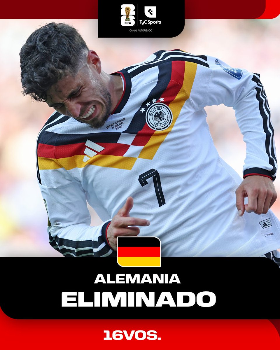 TyCSports's tweet photo. ¡ALEMANIA, ELIMINADO DEL MUNDIAL!

El elenco comandado por Nagelsmann cayó 3-4 en los penales ante Paraguay, tras el 1-1 en los 120', y se despidió del certamen en 16vos. https://t.co/9ZMuVYkPLw