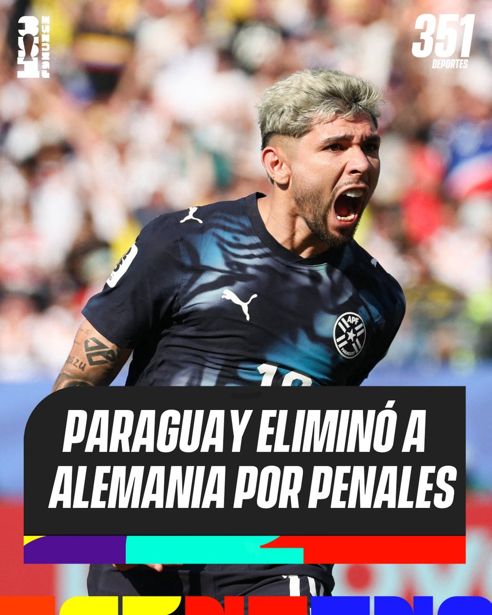 351Deportes's tweet photo. 🔥 BATACAZO EN BOSTON

🇵🇾 Tras el 1-1 en el tiempo regular, Paraguay dejó afuera a Alemania de la #CopaMundialFIFA, tras vencerlo 4-3 en los penales.

⚽ Julio Enciso anotó el gol para los Guaraníes, mientras que Havertz empató para los Teutones.

🔜 Los dirigidos por Alfaro enfrentarán al vencedor de la llave entre Francia y Suecia en octavos.