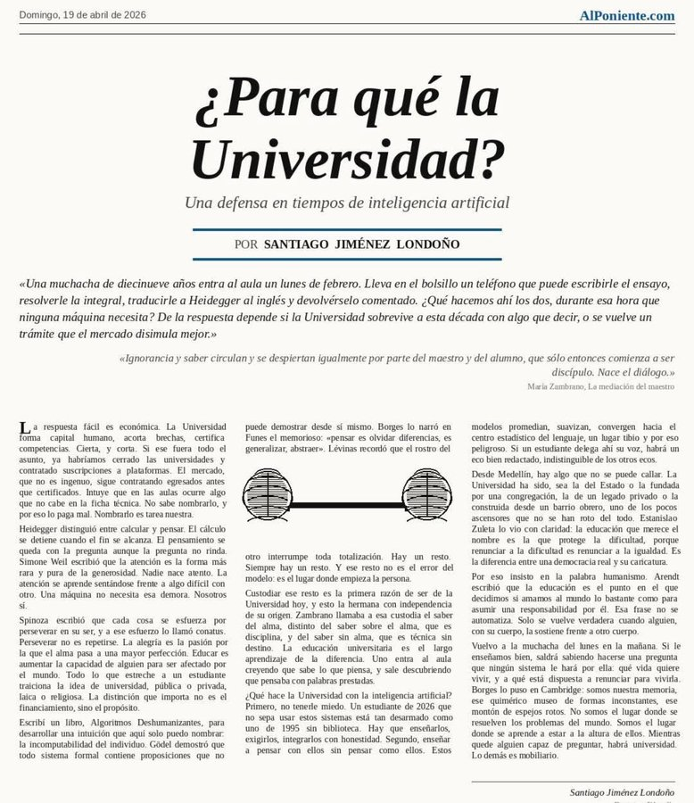 virginiog's tweet photo. La Universidad no compite con la IA en dar respuestas o en mostrar como ejecutar tareas, sino enseñar a formular preguntas, especialmente éticas y existenciales  

El reto no es temer a la tecnología, sino "pensar con ella sin pensar como ella", protegiendo la singularidad humana https://t.co/flheqSGLhF