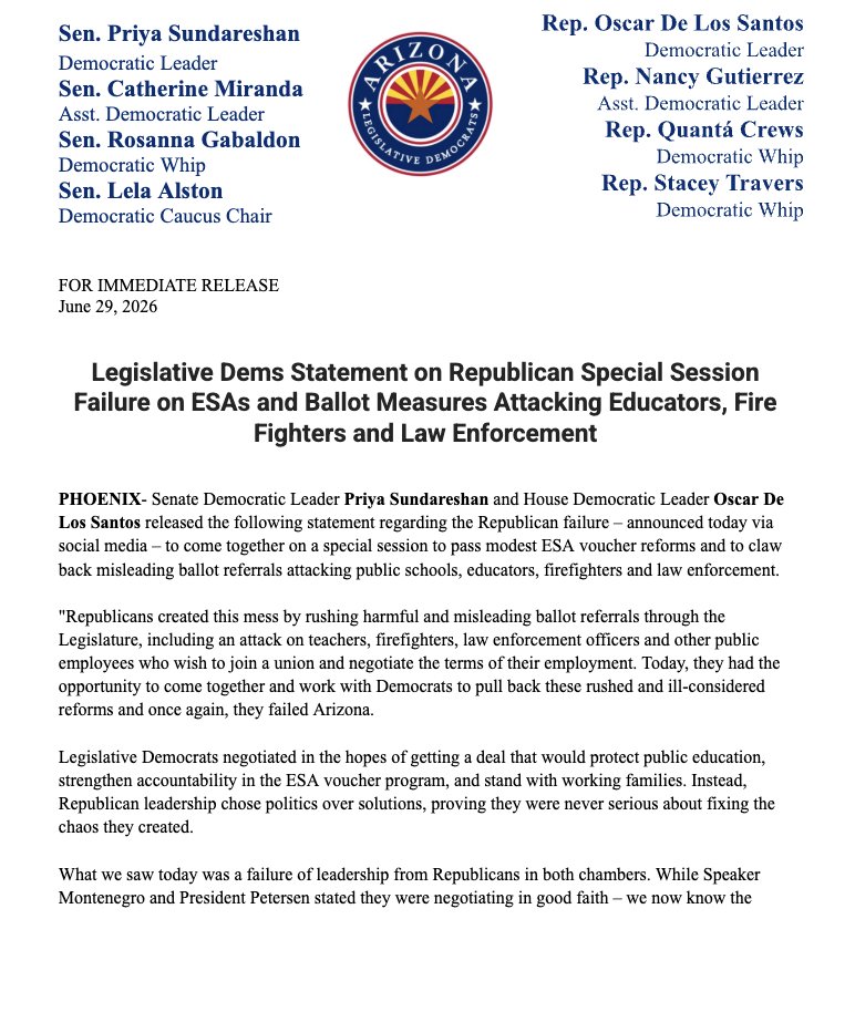 AZHouseDems's tweet photo. PRESS RELEASE: Legislative Dems Statement on Republican Special Session Failure on ESAs and Ballot Measures Attacking Educators, Fire Fighters and Law Enforcement https://t.co/B8nTBdfjyY