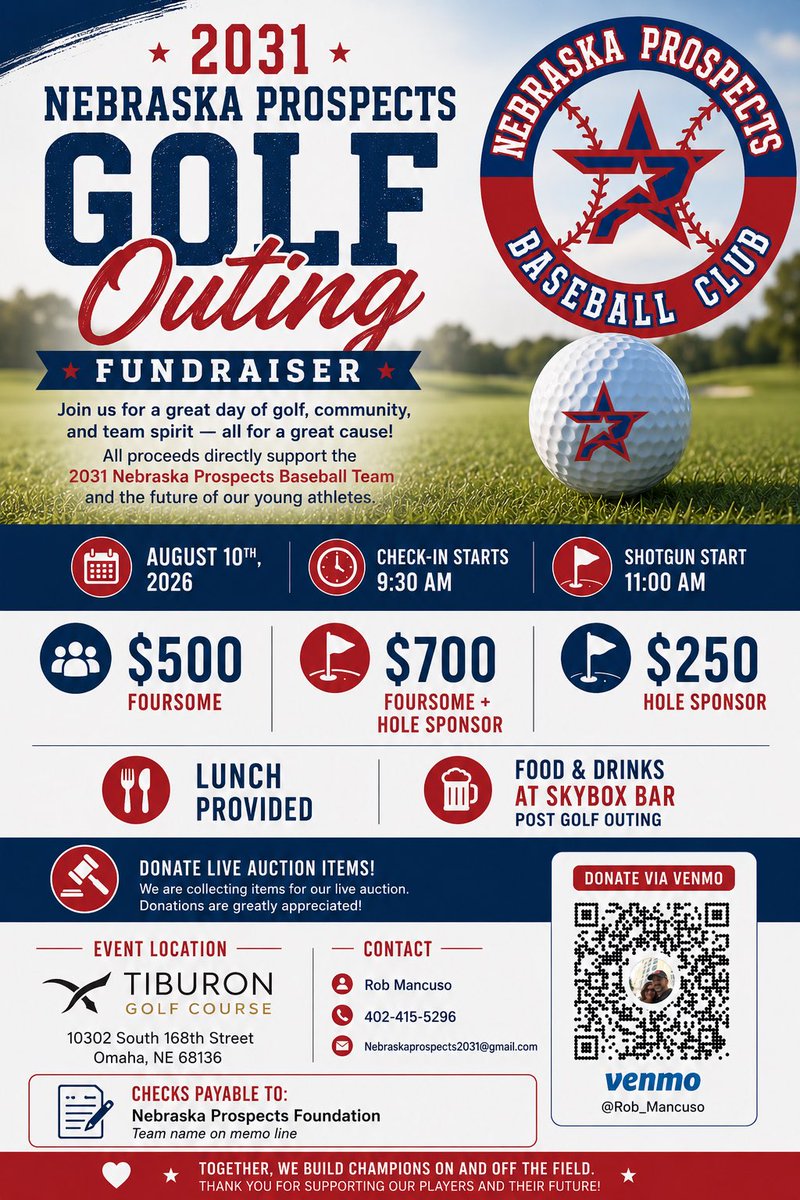 Prospects2031's tweet photo. Support the 2031 Nebraska Prospects Golf Outing! Aug. 10 at Tiburon. Sponsor or play! ⚾⛳️ https://t.co/QtLxnL8PIM