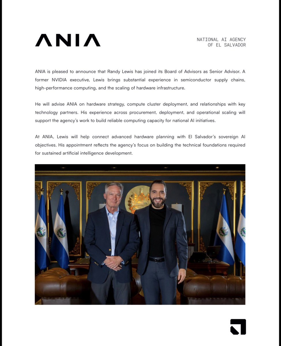 ultimahsv's tweet photo. #Tecnología | 🤖 ANIA anunció la incorporación de Randy Lewis a su Junta de Asesores como Asesor Senior para reforzar el desarrollo de infraestructura y capacidad de cómputo para proyectos de inteligencia artificial.

El exejecutivo de NVIDIA contribuirá con su experiencia en hardware y centros de cómputo para apoyar las iniciativas de IA en El Salvador. 🇸🇻💻