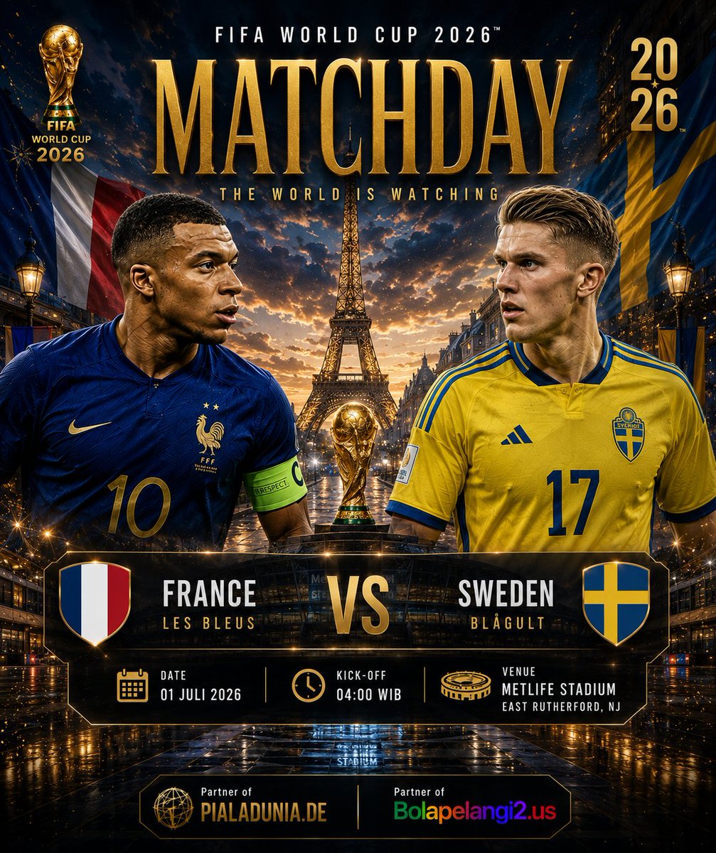 Bopel2Official's tweet photo. 🔥 MATCHDAY FIFA WORLD CUP 2026 🔥

🇫🇷 FRANCE 🆚 SWEDEN 🇸🇪

📅 01 Juli 2026
⏰ 04:00 WIB

👇 Tulis prediksi skor di komentar dan dukung tim favoritmu!

#FIFAWorldCup2026 #FranceVsSweden #Football #Matchday #Bolapelangi2 #PrediksiSkor #SepakBola #WorldCup https://t.co/gTvkaG3AmZ