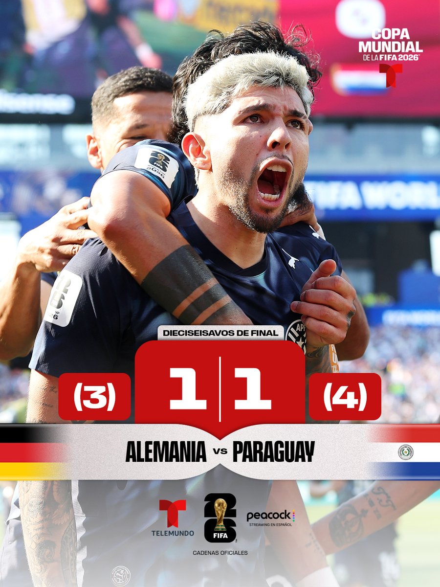 TelemundoSports's tweet photo. ¡¡¡RESULTADO HISTÓRICO!!! ¡¡¡PARAGUAY ELIMINA A ALEMANIA!!! 😱🇵🇾

La selección paraguaya avanza a Octavos de Final de la Copa del Mundo 2026 tras vencer en penales a los alemanes ‼️

¿Es el MEJOR resultado de Paraguay en su historia? 🌟

📺 Sigue toda la cobertura de la Copa Mundial de la FIFA 2026 por Telemundo y Peacock 

#MundialTelemundo #FIFAWorldCup #Somos26 #AlemaniaVsParaguay