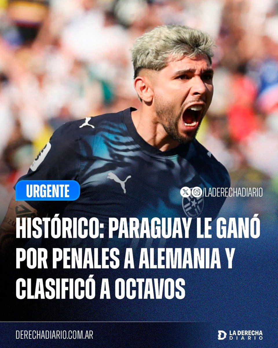 laderechadiario's tweet photo. 🚨🇵🇾🇩🇪 | HISTÓRICO: La Selección de Paraguay derrotó por penales a Alemania, ELIMINÓ a una de las máximas potencias del fútbol mundial y logró la clasificación a los octavos de final de la Copa del Mundo. https://t.co/qTar4Kv3NC