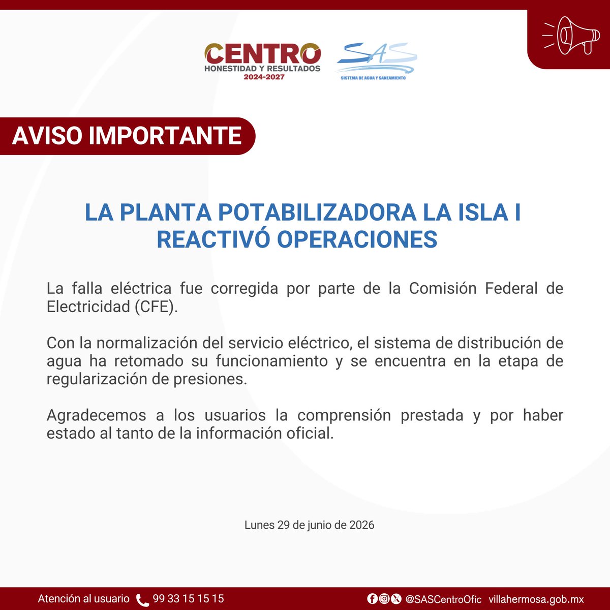 SASCentroOfic's tweet photo. Reactiva operaciones la planta potabilizadora La Isla I
#AvisoSAS @CentroInforma https://t.co/ZCRQkSgLY6
