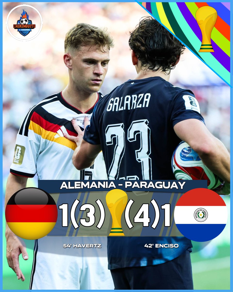 elchiringuitotv's tweet photo. ⏰ ¡FINAAAL! Paraguay 'se carga' a Alemania en penaltis.

🇩🇪 Alemania 1(3)-(4)1 Paraguay 🇵🇾 

📺 Estamos en directo en MEGA. https://t.co/IyO4L4WnrW