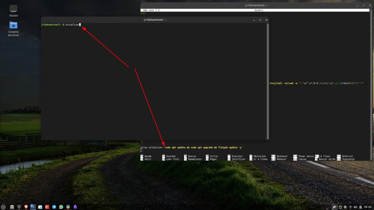 4Sentinell's tweet photo. #TipsLinux
Con el alias actualizar puedes abreviar procesos en un solo comando.
Edita el bashrc con : sudo nano .bashrc y luego pruebas el alias en la ultima linea.
De esta manera puedes abreviar procesos y aprovechar mucho mas la poderosa terminal linuxera.
#GNULinux #Linux https://t.co/ISnk05Mmtn