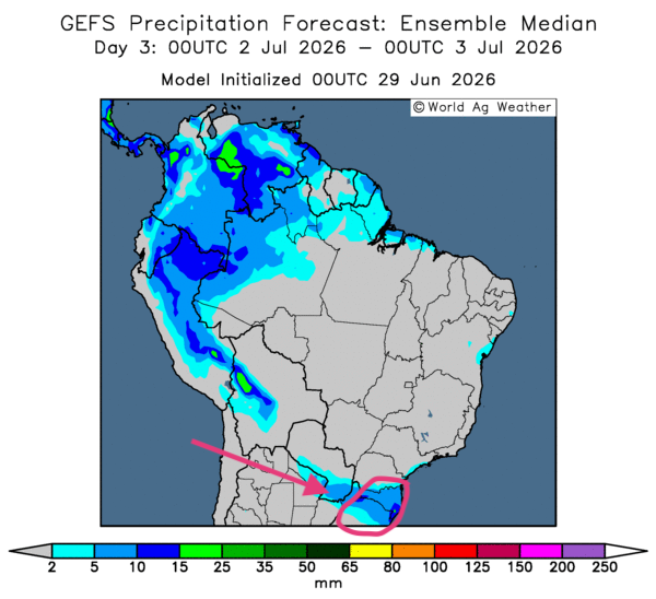 Grainwiz's tweet photo. Revue des marchés - 29 juin - 26: Météo – Amérique du Sud 

 * Dans l’ensemble, les prévisions météorologiques à court terme pour le Brésil varient peu. L’analyse des cartes GFS (World Ag Weather) jusqu’au troisième jour montre surtout des possibilités… https://t.co/nM7ve4P306 https://t.co/lPiU0dvch2