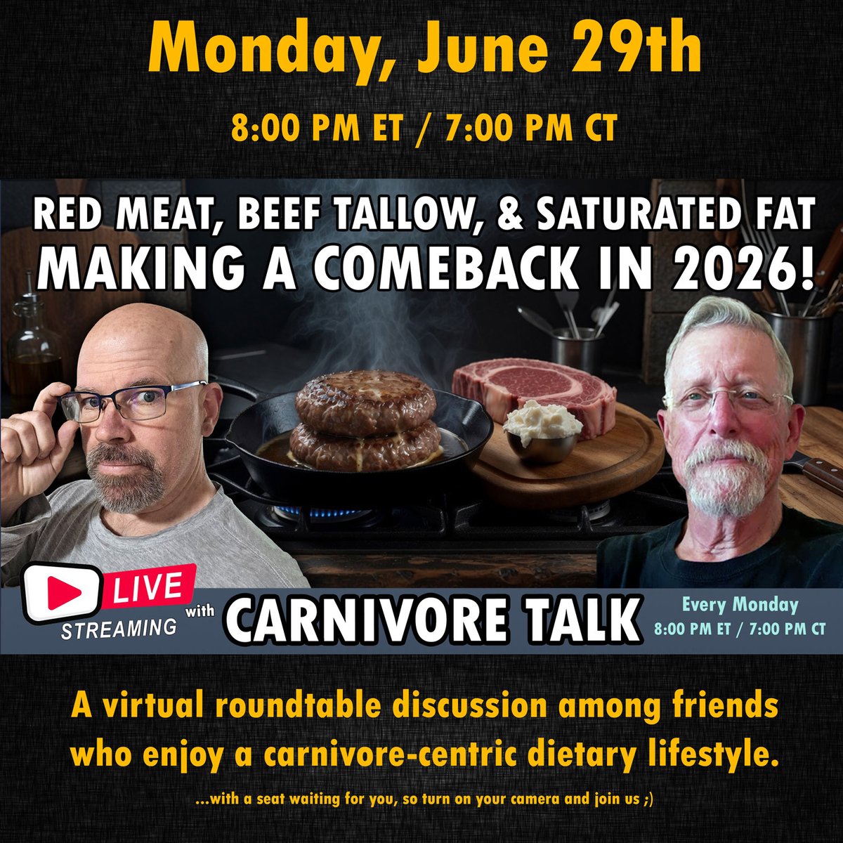 CarnivoreTalk's tweet photo. Let's dive into the resurgence of red meat, fattier cuts, and animal fats. 2026 food trends are showing a major shift back toward real, traditional foods.

WATCH HERE: https://t.co/pVwN5RFW9B

#CarnivoreDiet #BeefTallow #RedMeat #Keto #AnimalFats #Carnivore2026 #SaturatedFat https://t.co/Y04OGqvVSd