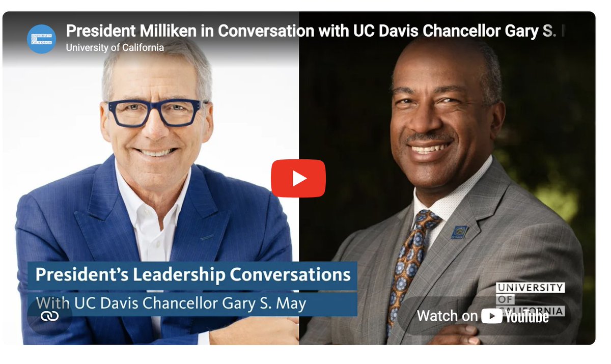 ucprez's tweet photo. I recently sat down with @ucdavis' @Chancellor_May as part of my ongoing series of discussions with UC campus leaders. With Chancellor May at the helm, this campus is charging full-steam ahead. You can watch our conversation here: https://t.co/79IWpSdtsB https://t.co/Wj7oKN7Uqd