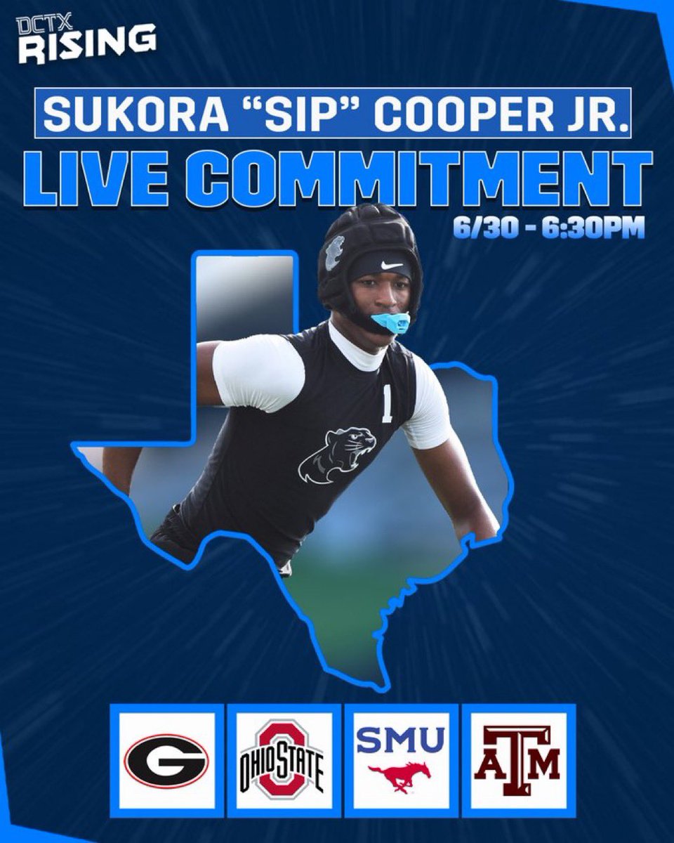 dctf's tweet photo. THIS TIME TOMORROW! 🚨

2029 Frisco Panther Creek WR Sukora “Sip” Cooper Jr. (@SukoraC) will announce his commitment LIVE with us at 6:30PM CT!

Cooper will choose between Georgia, Ohio State, SMU and Texas A&amp;M. 👀🏡

Tune in on X, Facebook or https://t.co/qZ4dlhPRD8 https://t.co/LPIGaKMANq