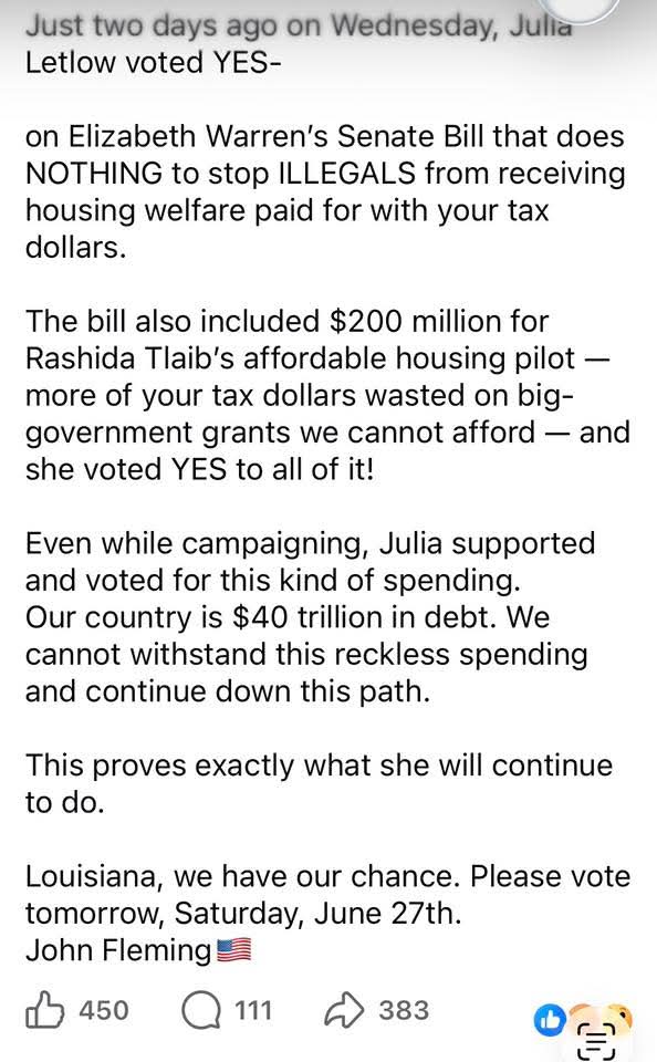 OnwardTruth1955's tweet photo. @jbletlow Why Julia?
4 days ago you voted with Elizabeth Warren and Democrats to give our tax dollars for aid to illegals aliens. 
You're not a conservative and you're not for the people of Louisiana.
You're a female Cassidy. https://t.co/fIGxlsJFK0