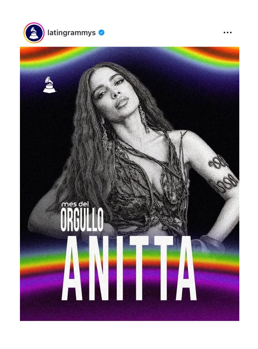 fonteanittabr's tweet photo. DE OLHO NELA! O perfil oficial do #LatinGRAMMYs fez uma publicação especial de Anitta para comemorar o mês do orgulho. https://t.co/pJSi3i9D3b