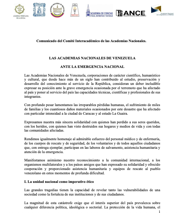 ForoCivicoVzla's tweet photo. #Comunicado Ante la emergencia nacional, las Academias Nacionales ponen el foco en "la unidad nacional como imperativo ético: la magnitud de esta catástrofe exige que el interés superior del país prevalezca sobre cualquier diferencia política, ideológica o sectorial". https://t.co/WdICD4bUx2